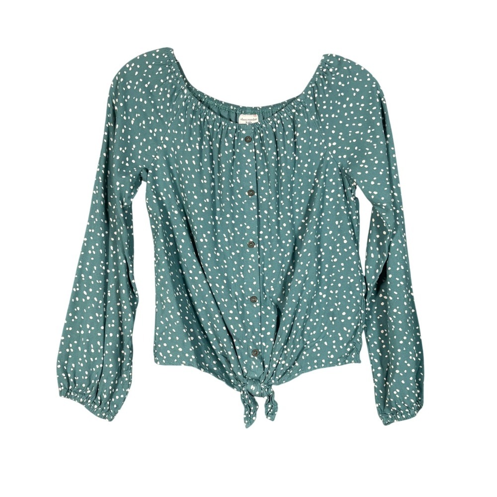 Abercrombie Kids Girls Teal Polka Dot Tie Front Button Down Blouse Size 13/14